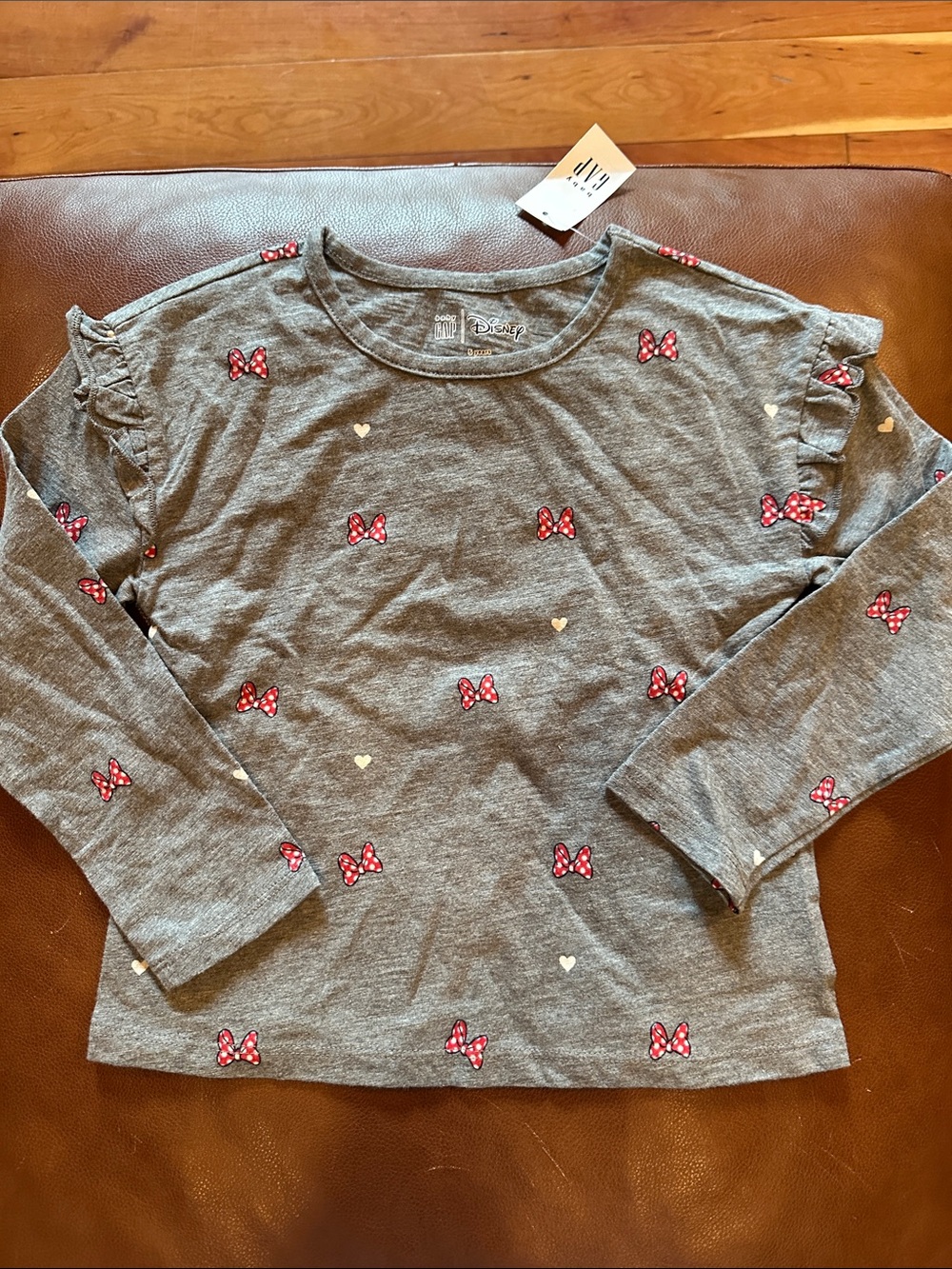 GAP Gray Long Sleeve Tee with Minnie Mouse Red Bow Print